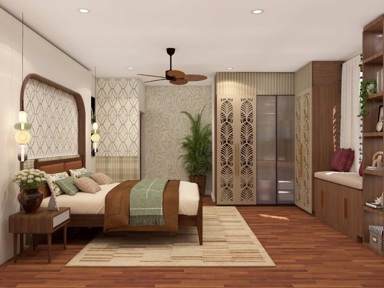 Modern Traditional Bedroom Design with Wooden Flooring and Wallpaper - Beautiful Homes