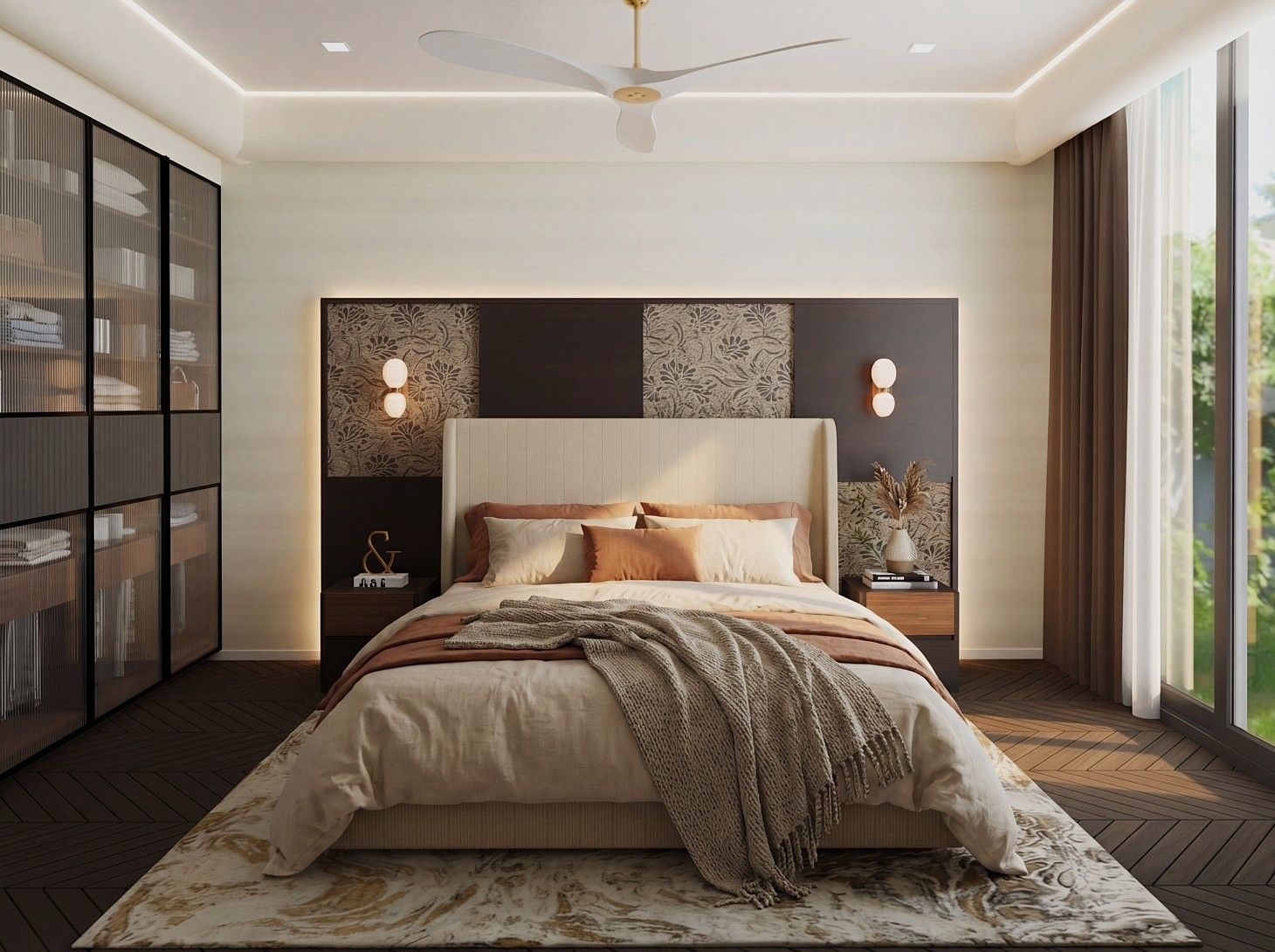 Modern bedroom featuring floral wall panels, layered lighting, and terracotta accents - Beautiful Homes