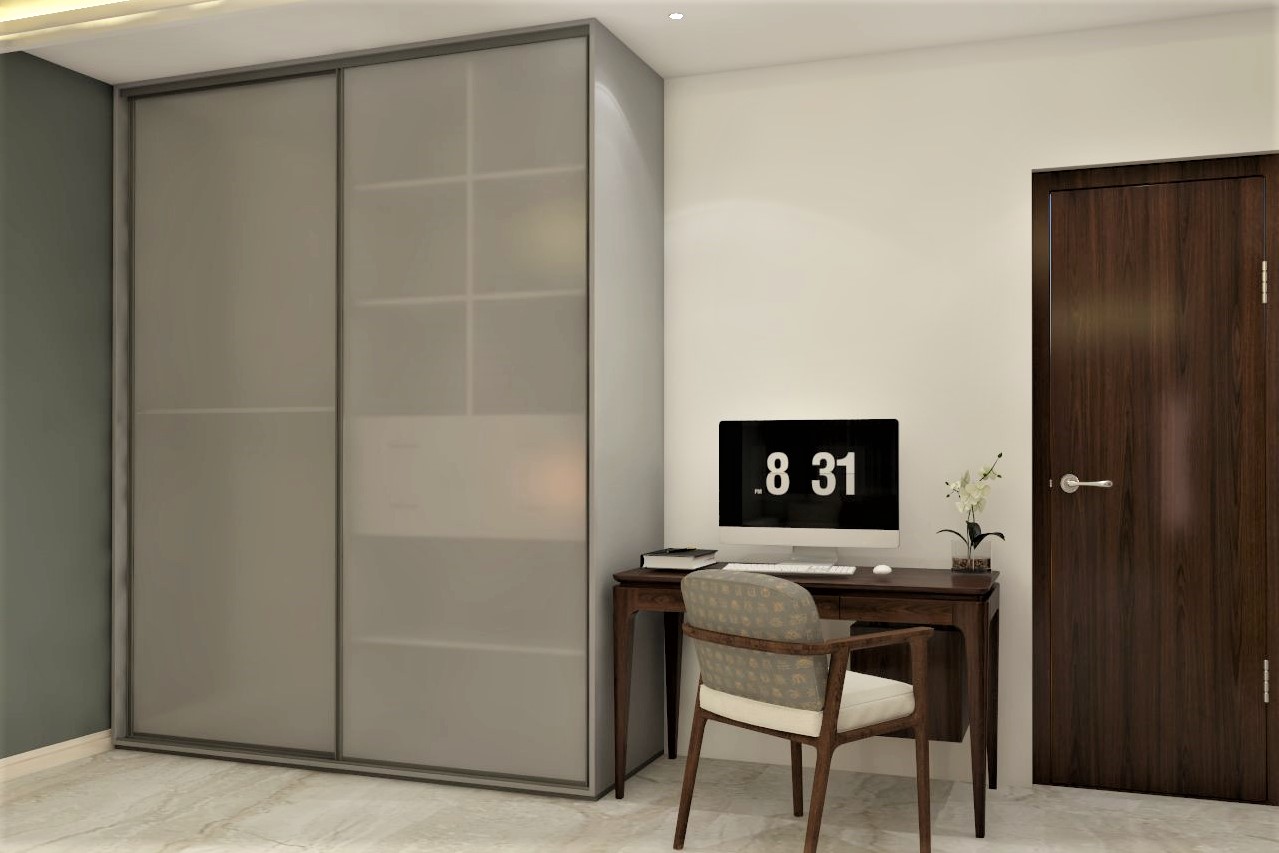 Grey sliding door wardrobe with study table-Beautiful Homes