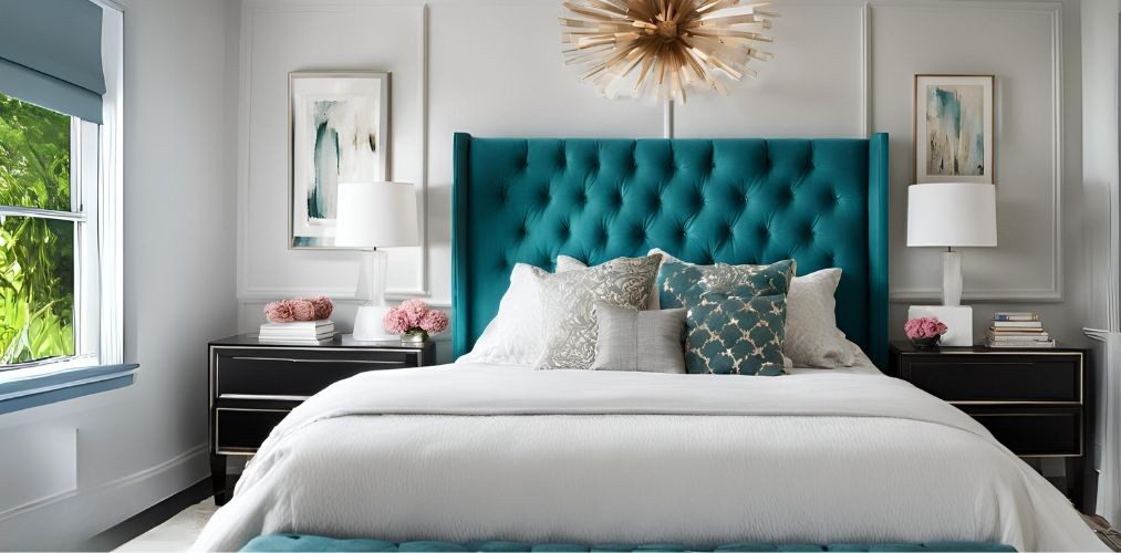 Modern white bedroom with teal tufted headboard - Beautiful Homes