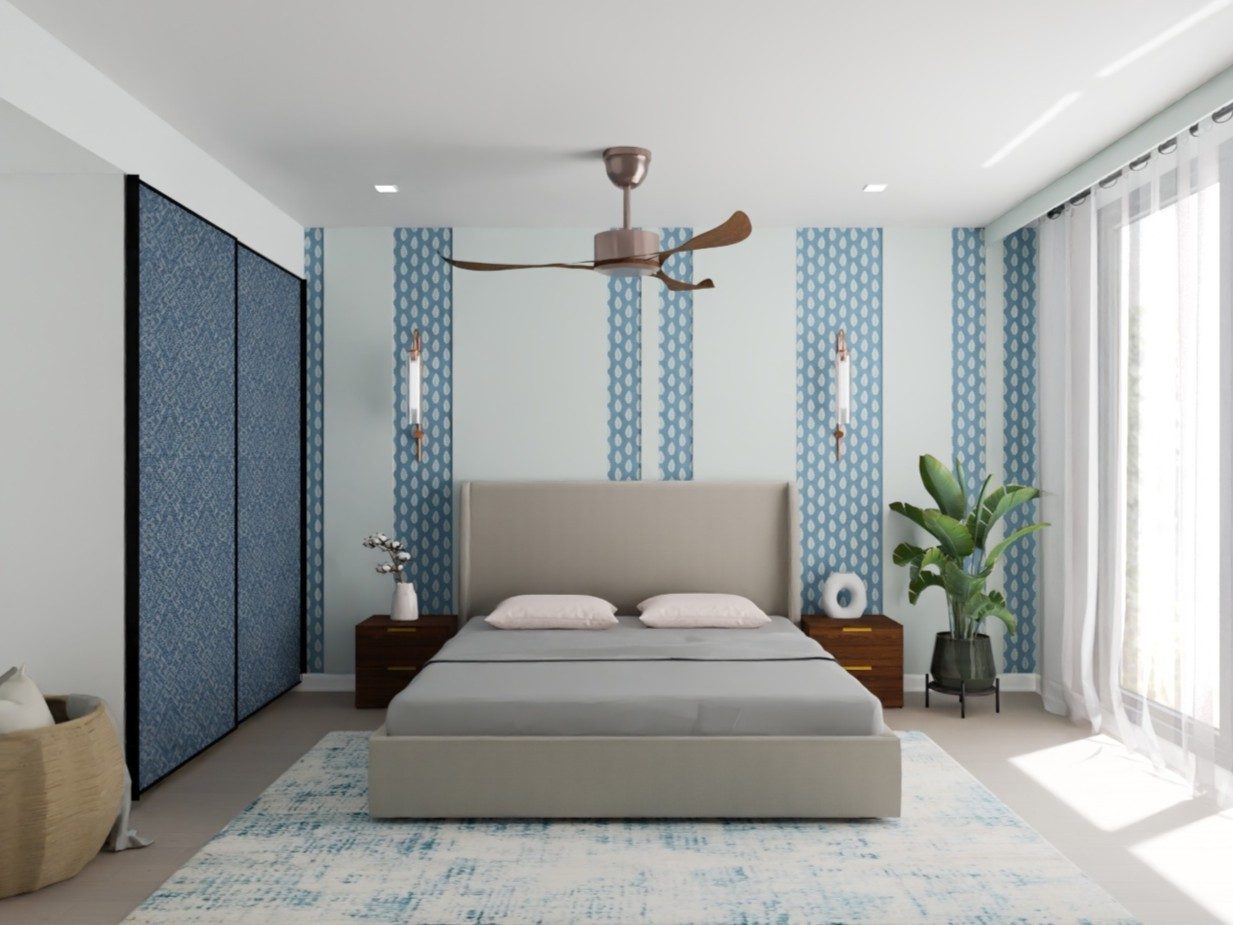 Bedroom with blue wall, rug, and natural light - Beautiful Homes