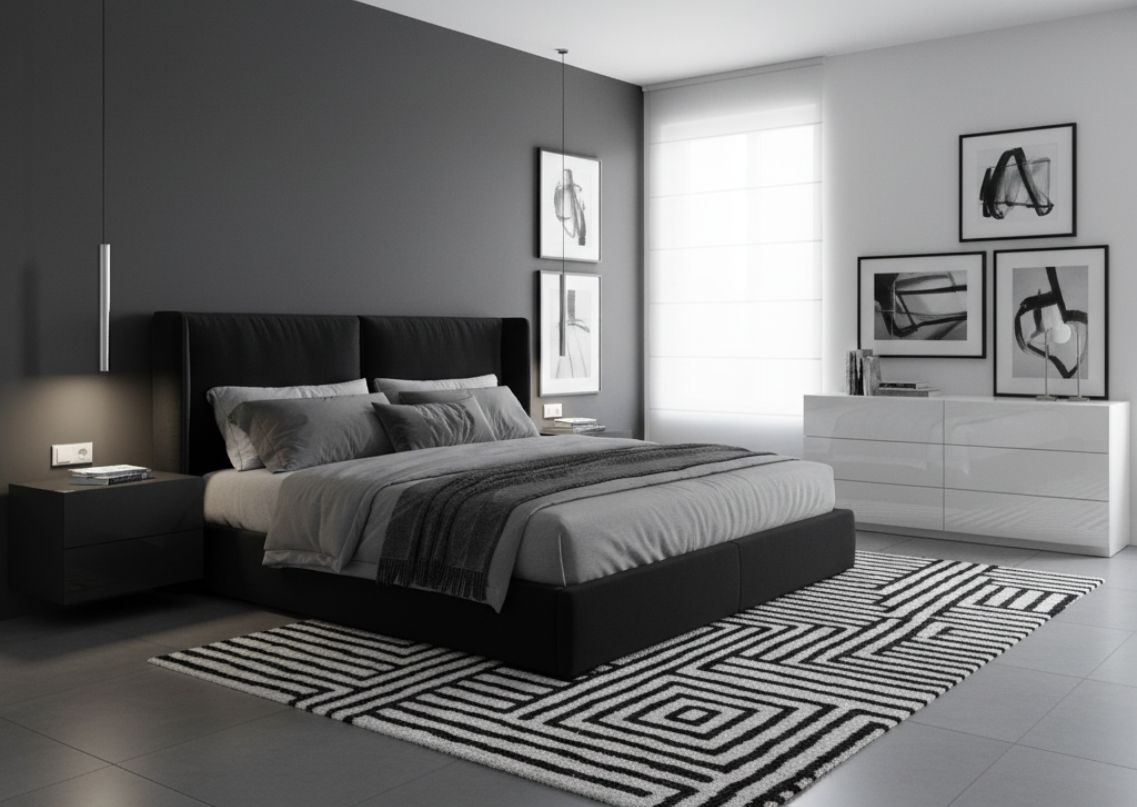 Modern grey bedroom with black bed and rug - Beautiful Homes
