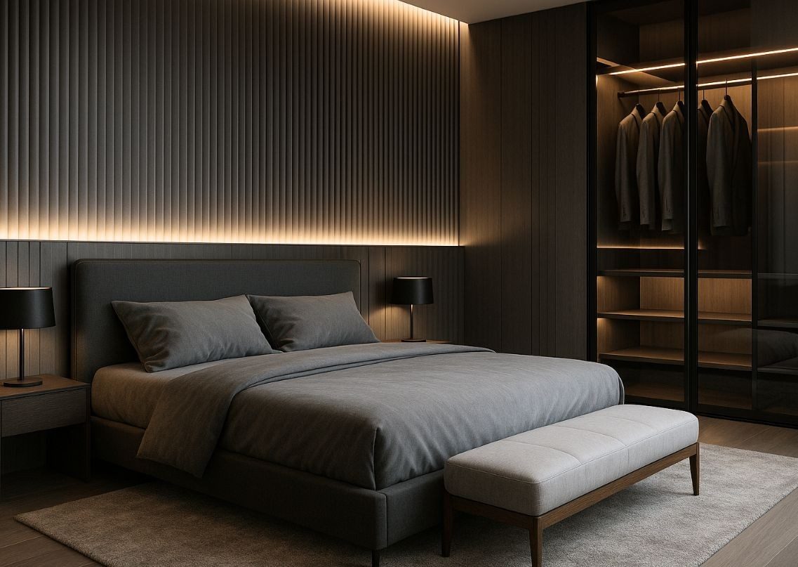Modern bedroom with grey bed and sleek wardrobe - Beautiful Homes