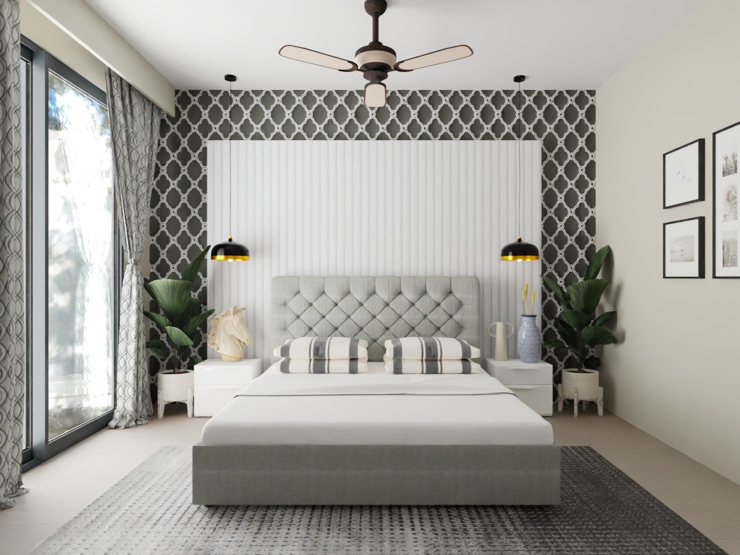 Bedroom with geometric wallpaper and indoor plants - Beautiful Homes