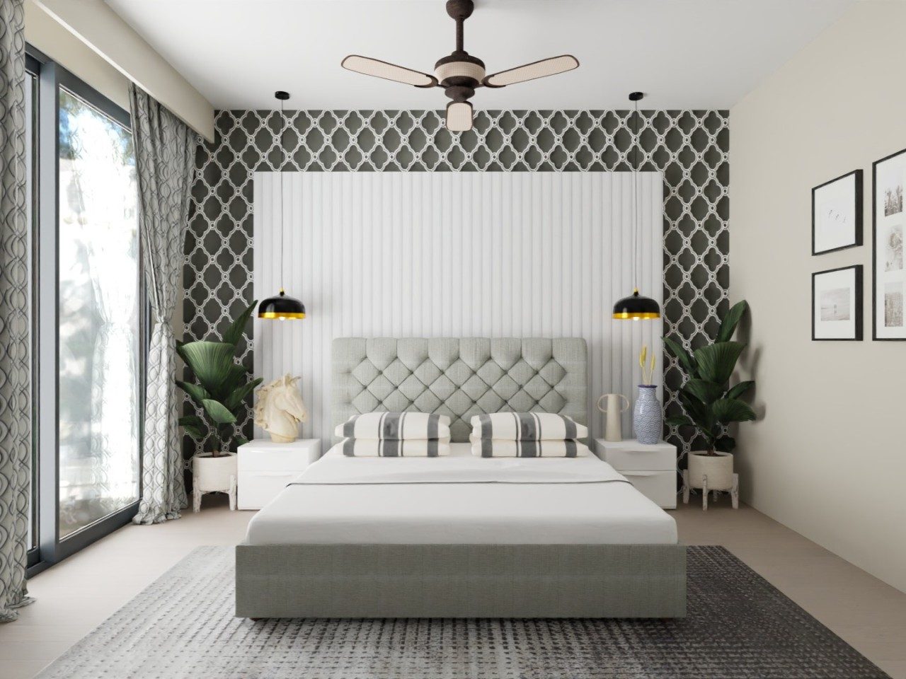 Bedroom with geometric wallpaper and indoor plants - Beautiful Homes