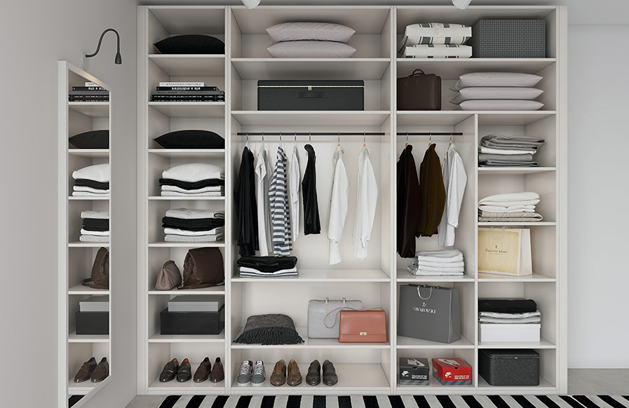 The perfect walk-in wardrobe in a modern bedroom design with multiple open shelves create - Beautiful Homes