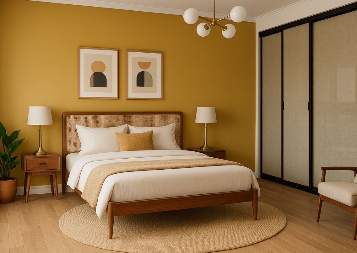 Warm bedroom with mustard wall and wooden bed - Beautiful Homes