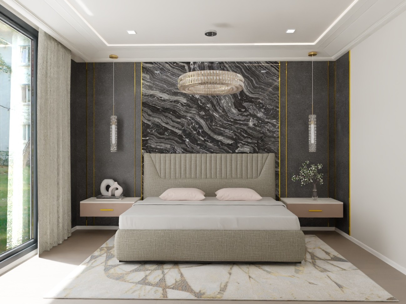 Luxury bedroom with marble wall and pendant lights - Beautiful Homes