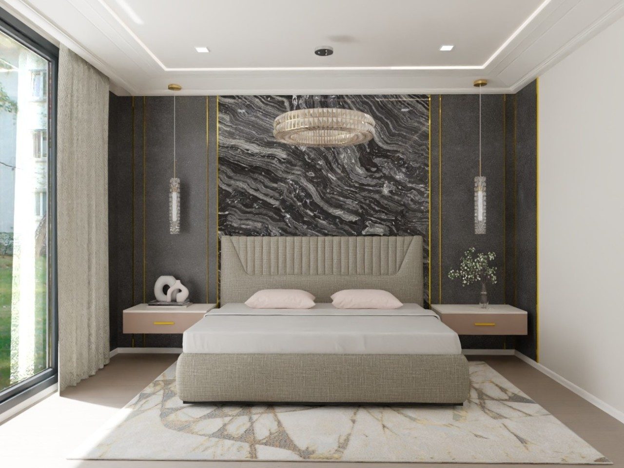 Luxury bedroom with marble wall and pendant lights - Beautiful Homes