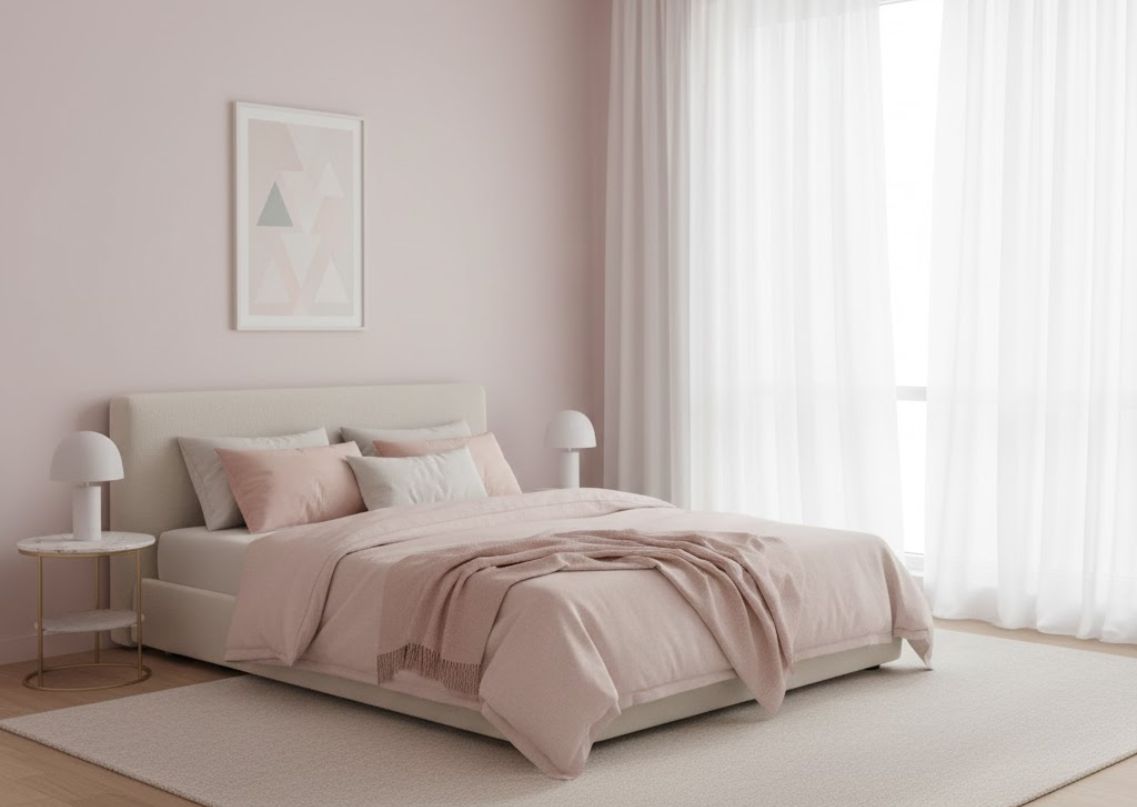 Modern pastel bedroom with white curtains and soft accents - Beautiful Homes