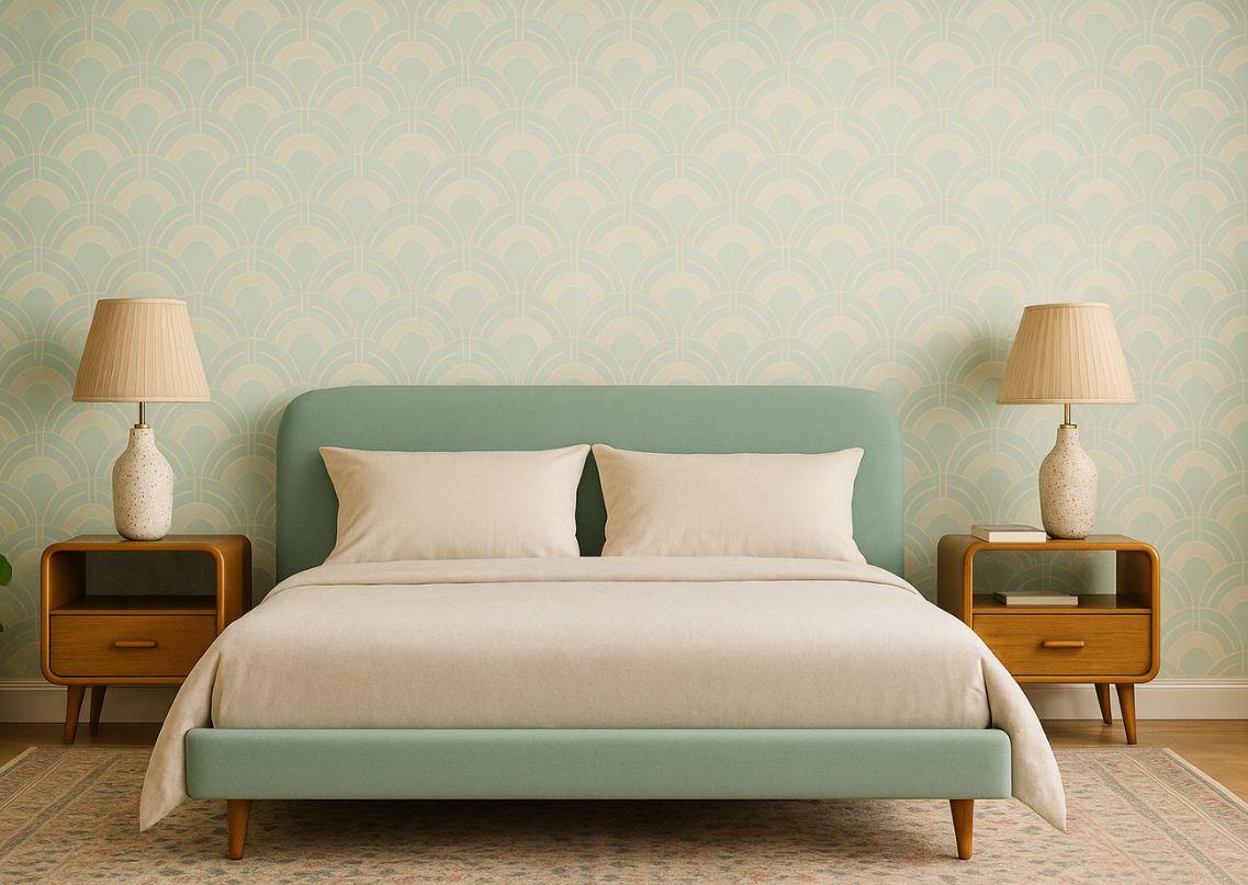 Bedroom with green headboard and wooden tables - Beautiful Homes