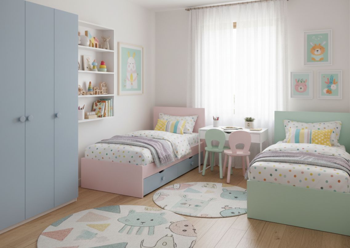 Kids room with pastel twin beds and study area - Beautiful Homes