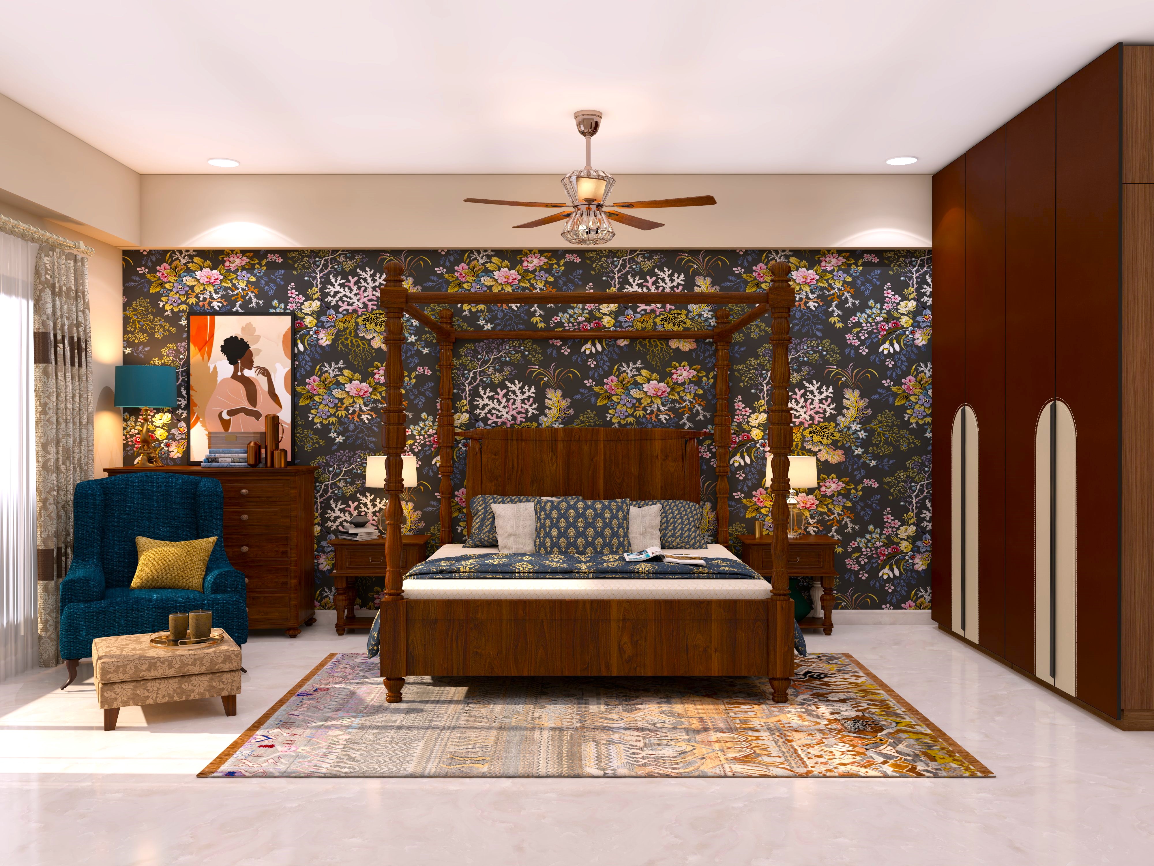 Poster wooden bed with dark blue floral wallpaper - Beautiful Homes