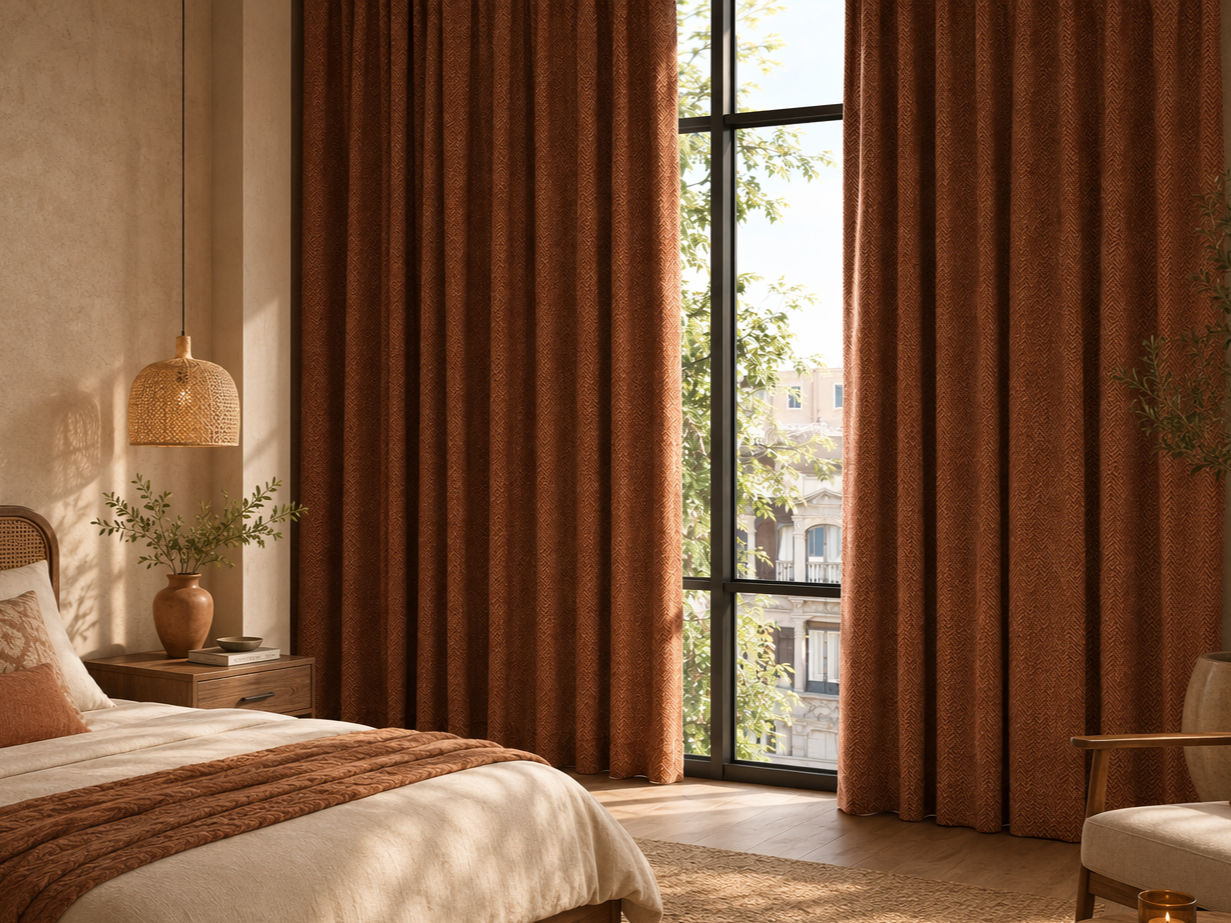 Floor-length terracotta curtains with a subtle textured weave, elegantly pleated and styled around a large black-framed bedroom window - Beautiful Homes