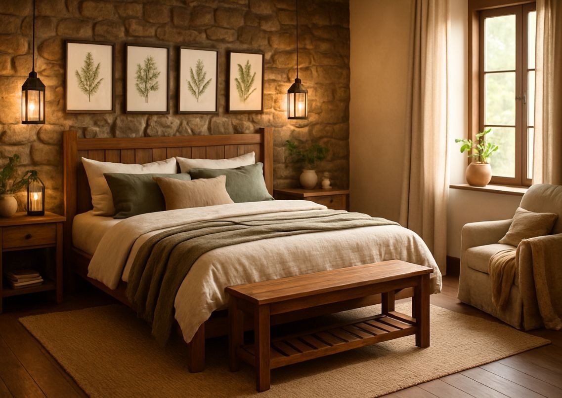 Rustic bedroom with stone wall and warm lighting - Beautiful Homes
