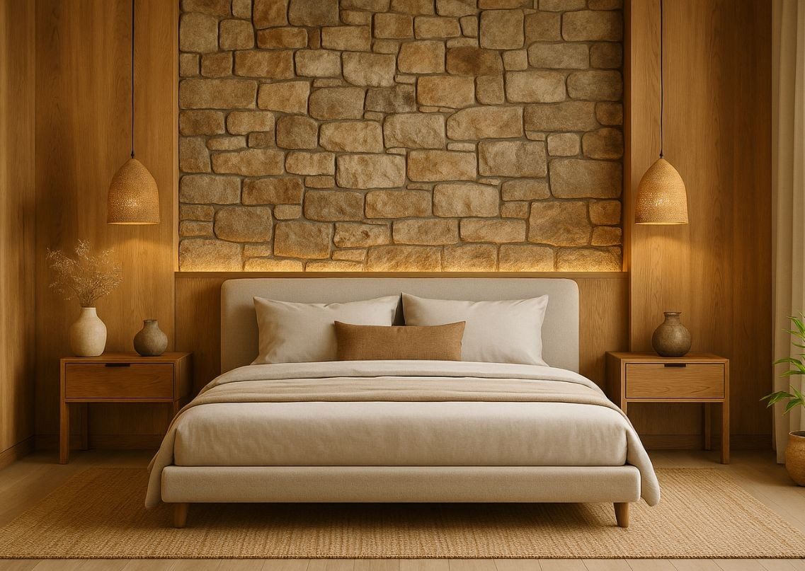 Modern bedroom with stone wall and warm lighting - Beautiful Homes