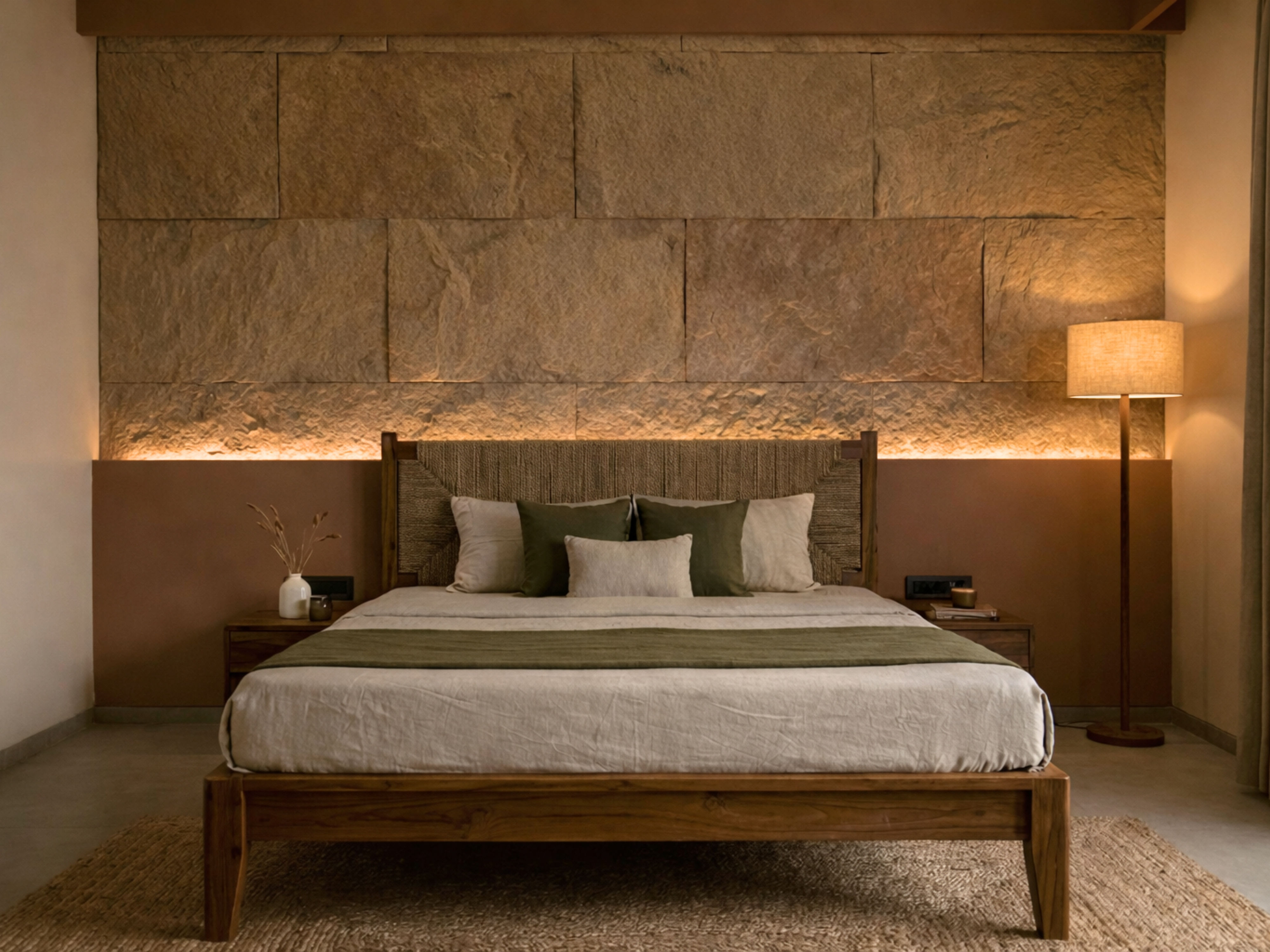 Bedroom with textured wall, wooden bed, and warm lighting - Beautiful Homes