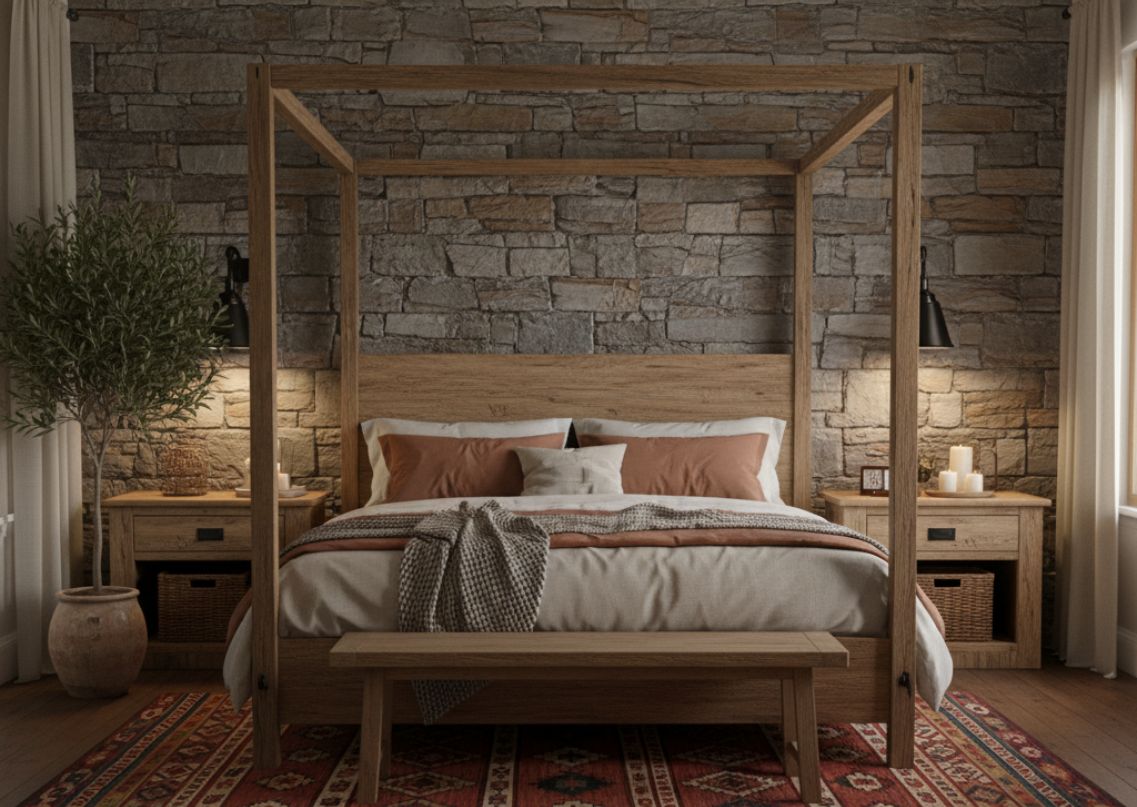 Rustic bedroom with wooden bed and stone wall - Beautiful Homes