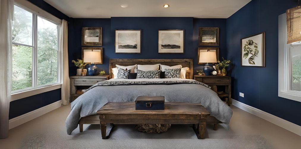 Rustic master bedroom design with dark blue walls - Beautiful Homes