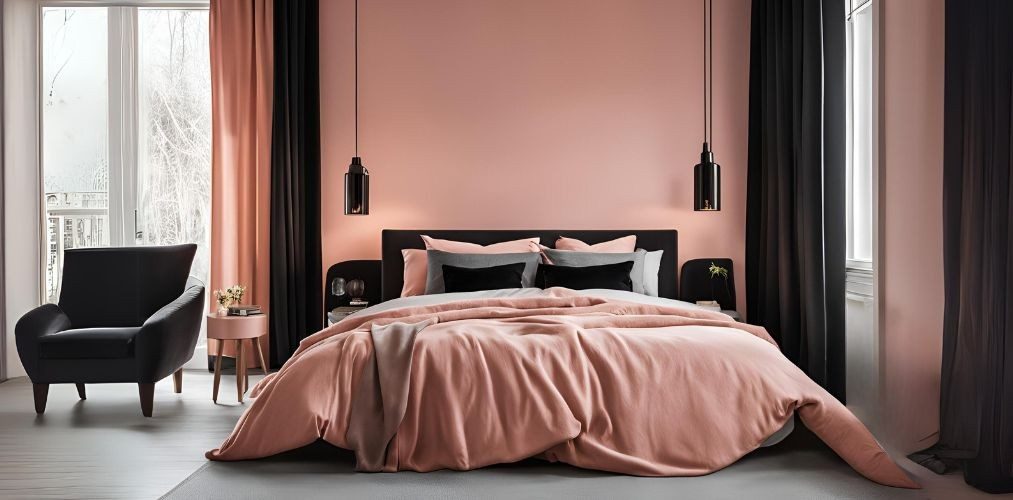 Salmon pink bed design with black lamps - Beautiful Homes