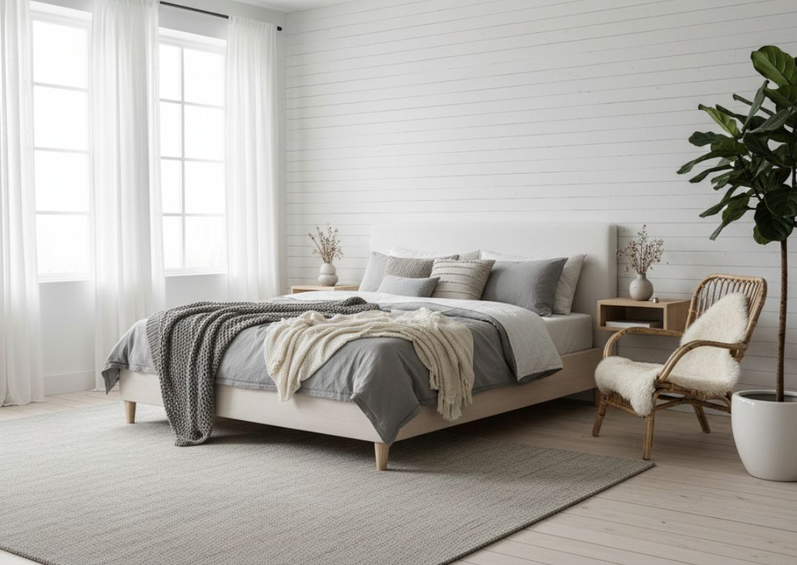 Minimalist bedroom with grey bedding and wooden accents - Beautiful Homes