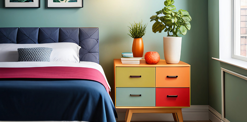 Side tables for a colorful bedroom with drawers-Beautiful Homes