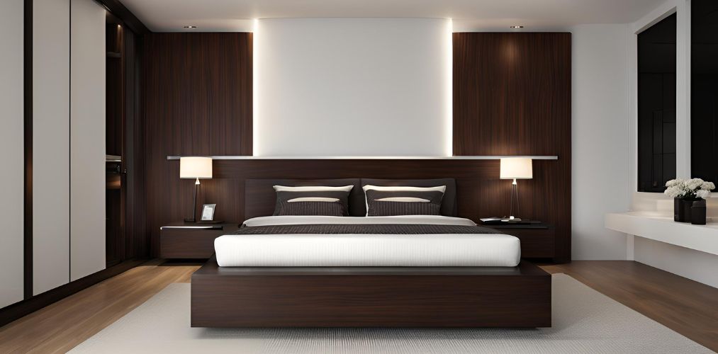 Simple bedroom design with dark wooden double bed and headboard - Beautiful Homes