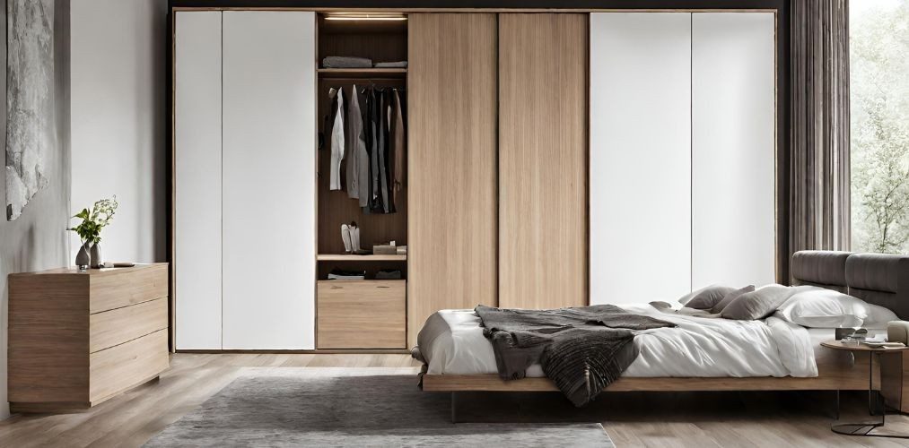 Simple bedroom design with white and wood wardrobe-Beautiful Homes