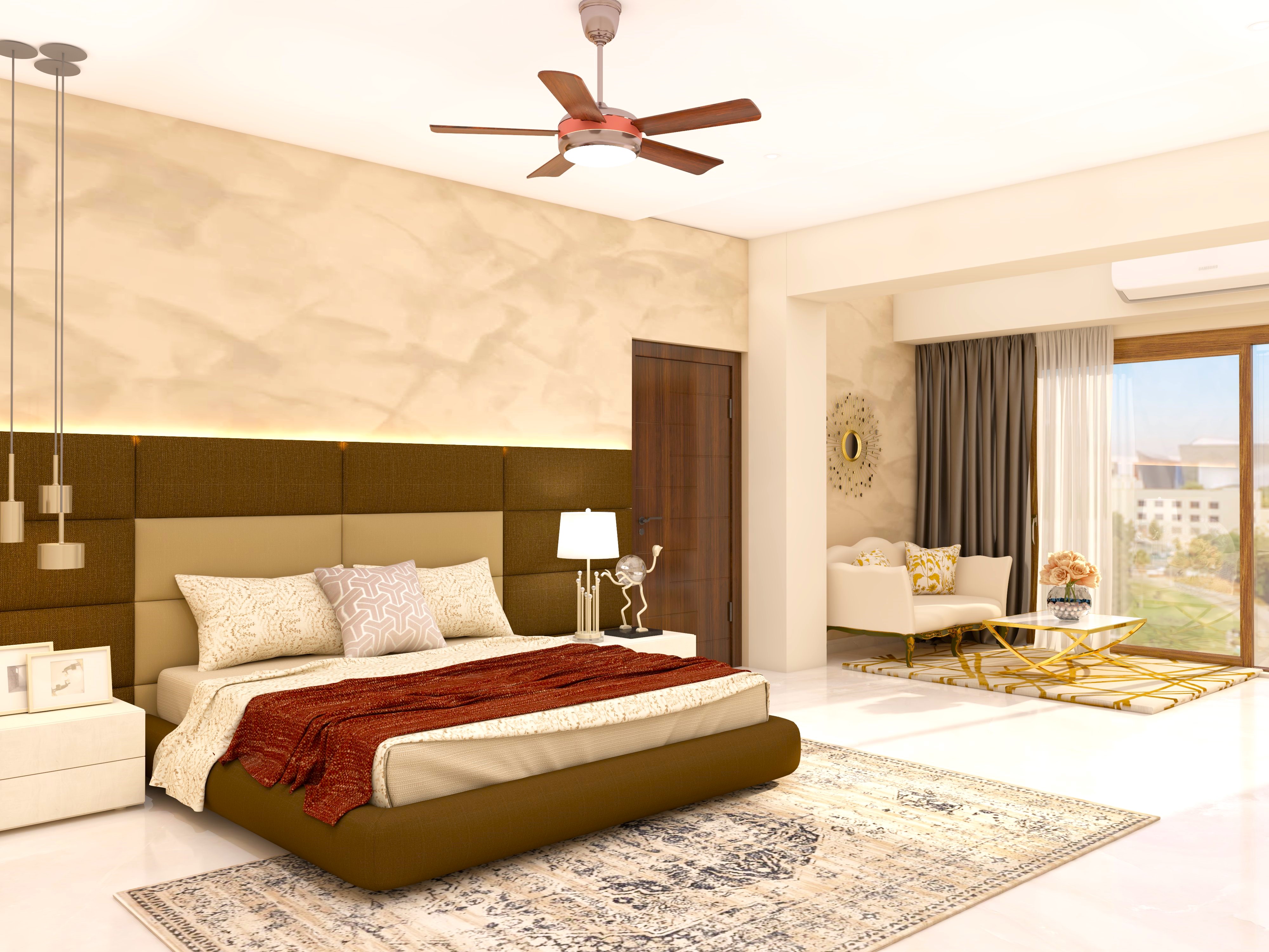 Simple bedroom with beige and brown upholstery headboard-Beautiful Homes