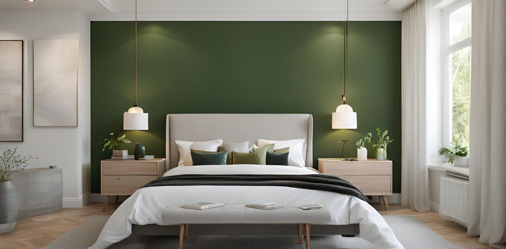 Simple bedroom with dark green accent wall - Beautiful Homes