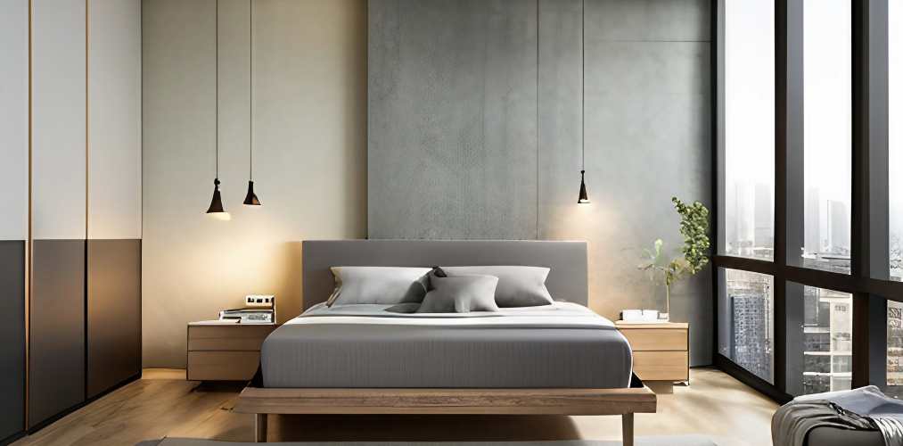 Simple bedroom with wooden bed and grey headboard-Beautiful Homes