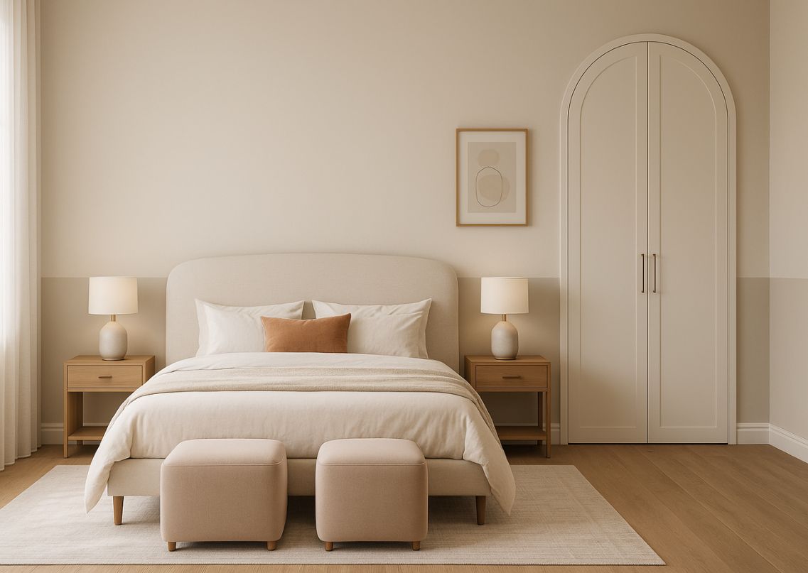 Minimalist bedroom with warm beige décor - Beautiful Homes
