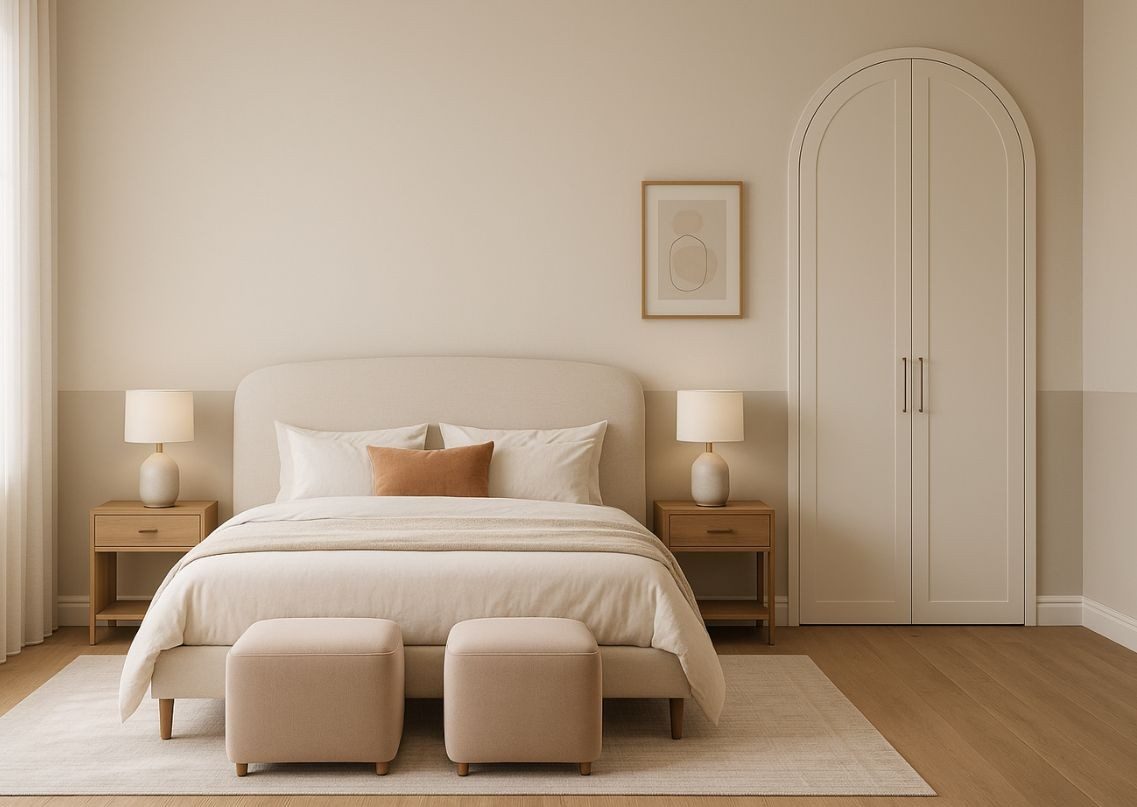 Minimalist bedroom with warm beige décor - Beautiful Homes