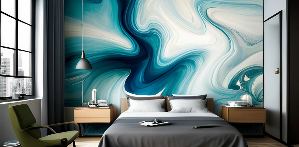 Simple modern bedroom wall design with abstract blue and green wallpaper-Beautiful Homes