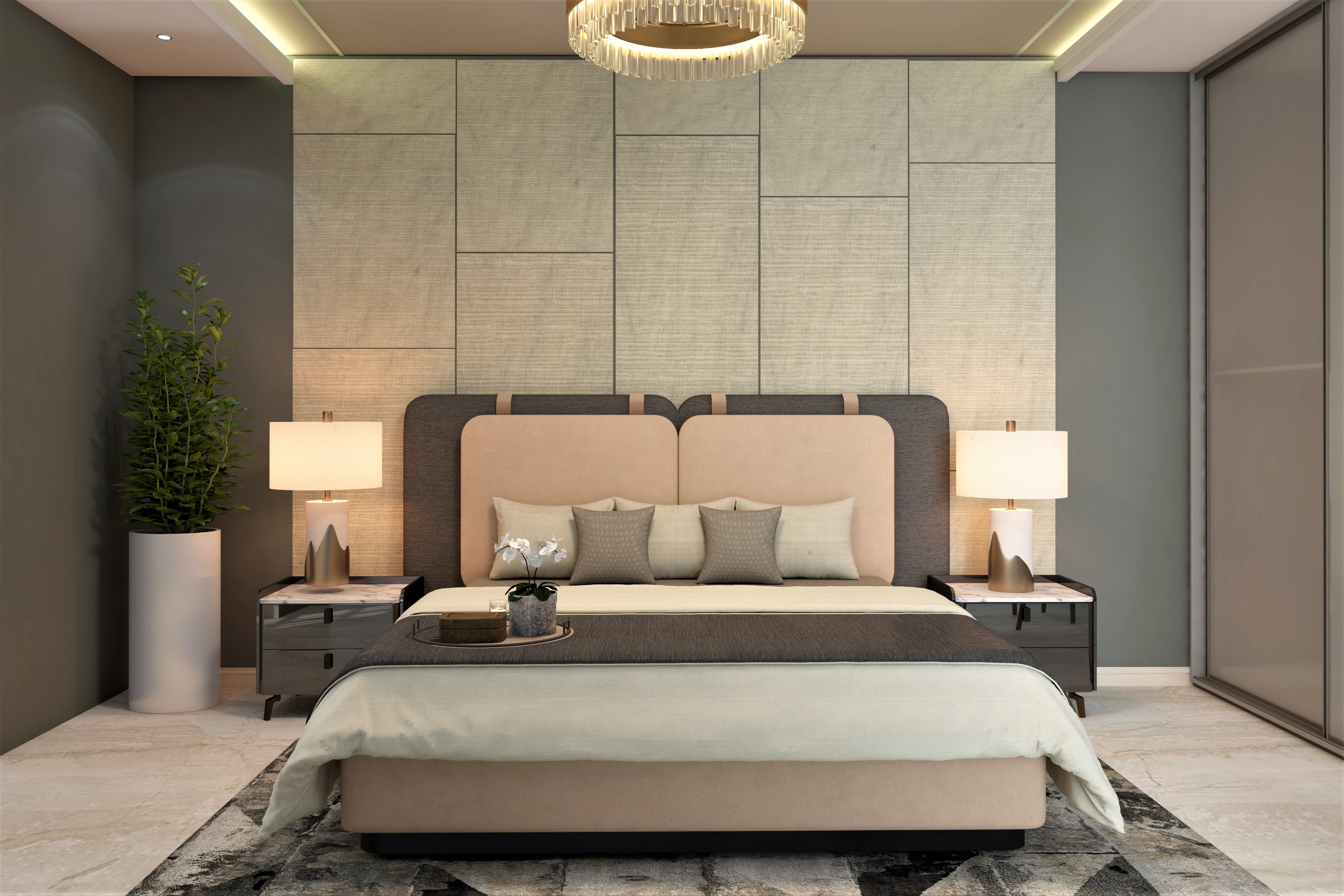 Modern bedroom wall design with grey bed and side table-Beautiful Homes
