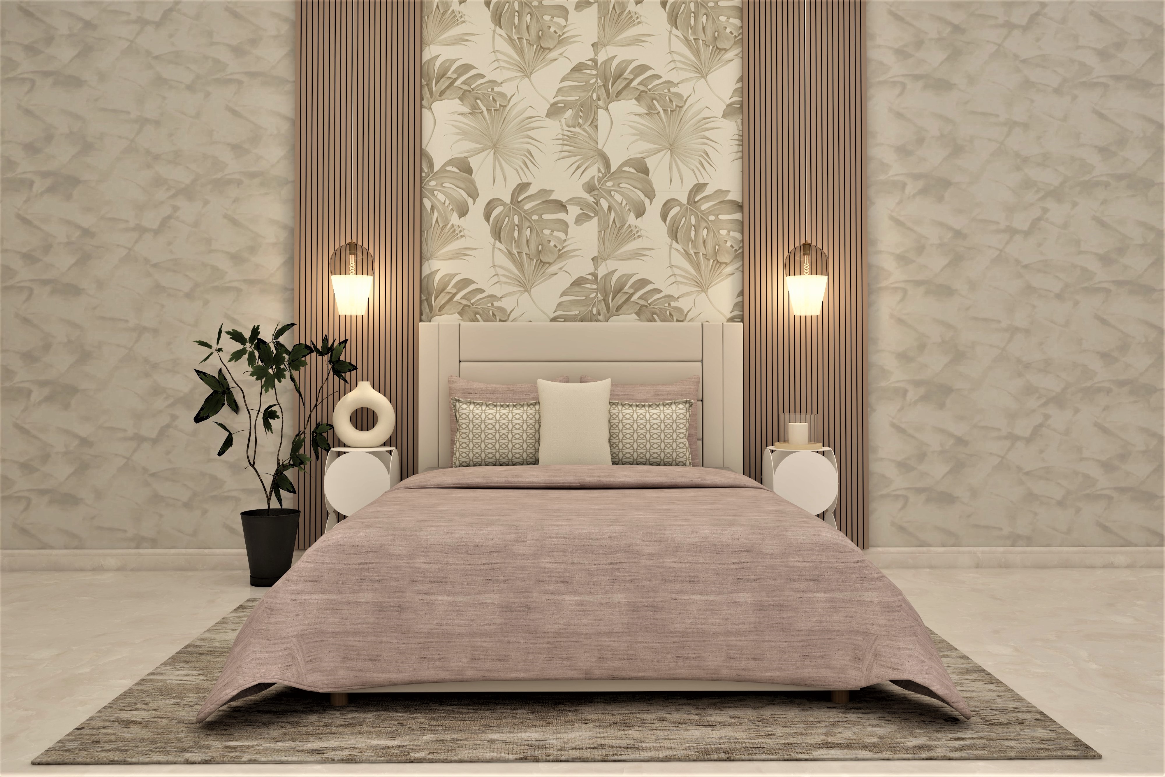 Modern bedroom wall design with wallpaper and white bedside table-Beautiful Homes