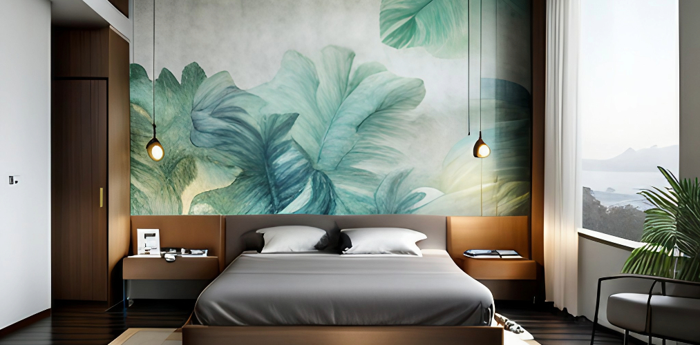 Simple modern bedroom wall design with tropical wallpaper-Beautiful Homes