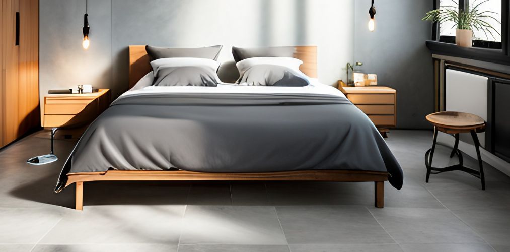 Modern bedroom with grey floor tiles-Beautiful Homes