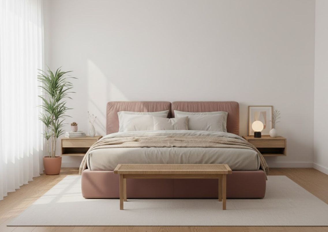 Modern bedroom with upholstered bed and wooden accents - Beautiful Homes