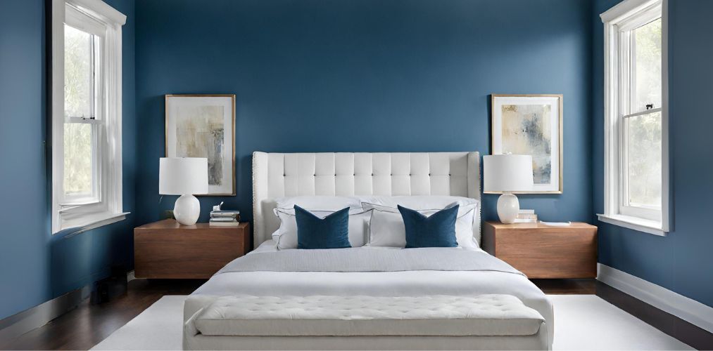 Simple white upholstered bed with blue walls and wooden bedside tables-Beautiful Homes