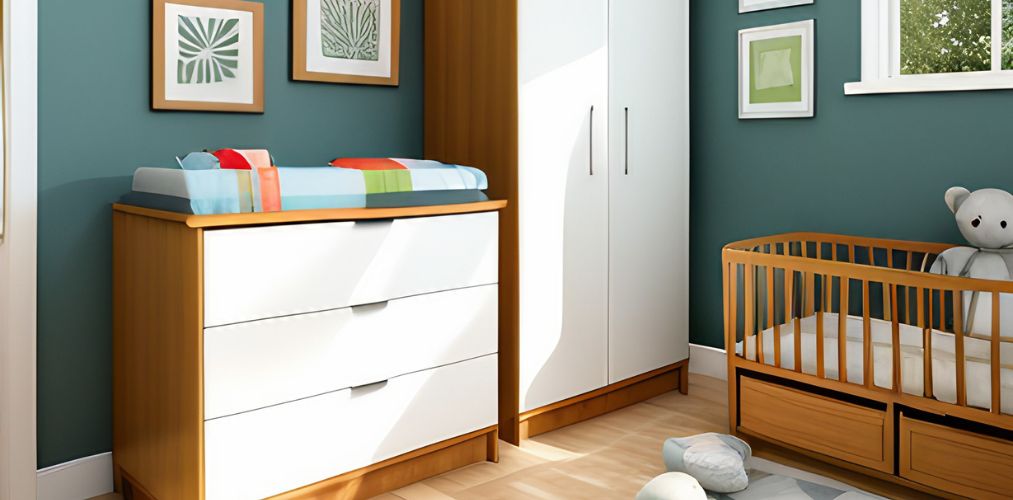 Small bedroom with white baby dresser and wardrobe-Beautiful Homes