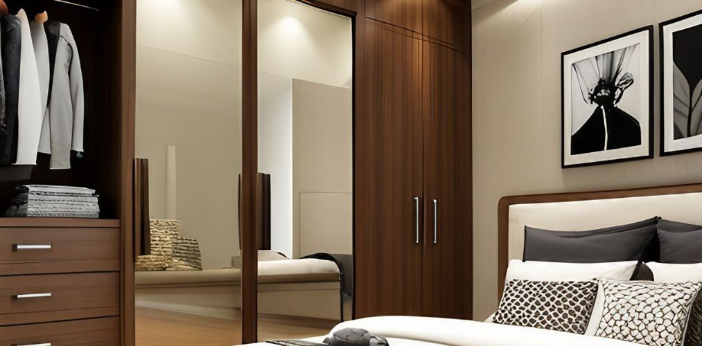 Small master bedroom with mirrored wooden wardrobe-Beautiful Homes