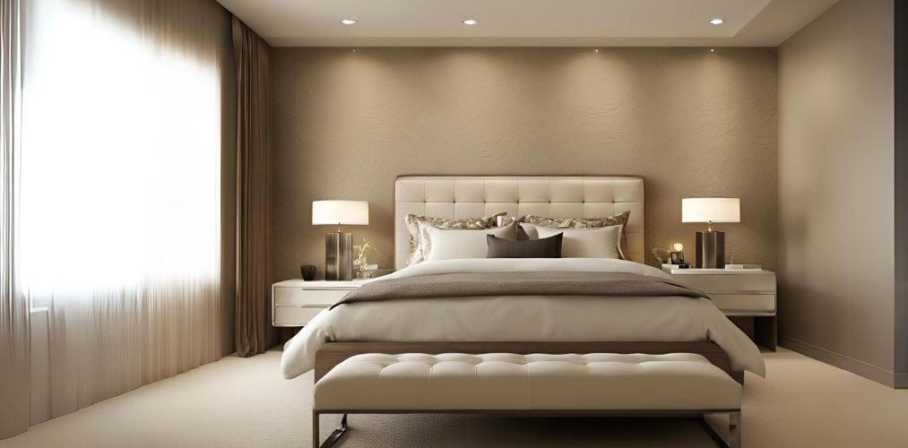 Spacious beige bedroom with textured wall paint - Beautiful Homes