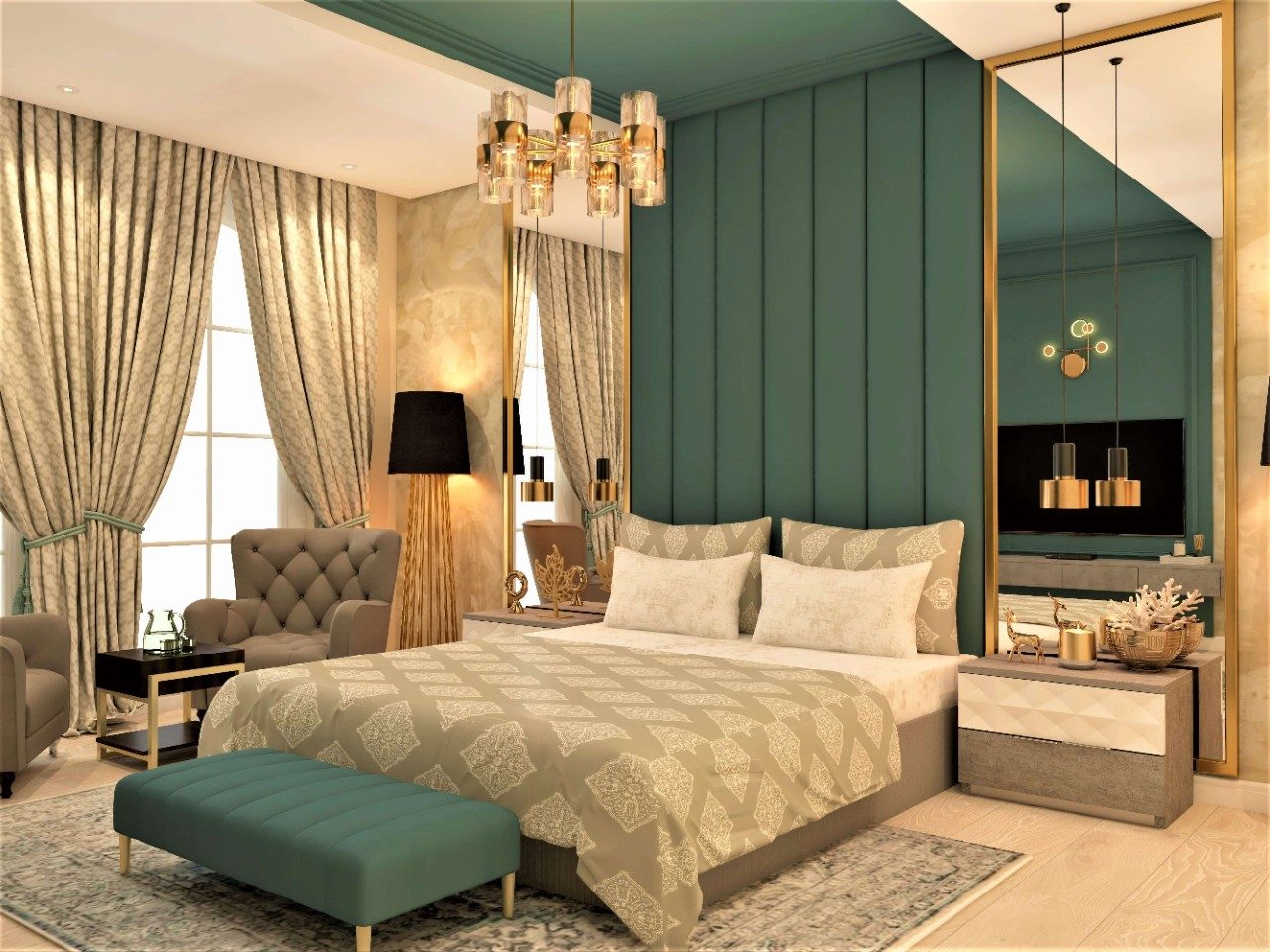 Spacious modern master bedroom with tufted headboard panel - Beautiful Homes