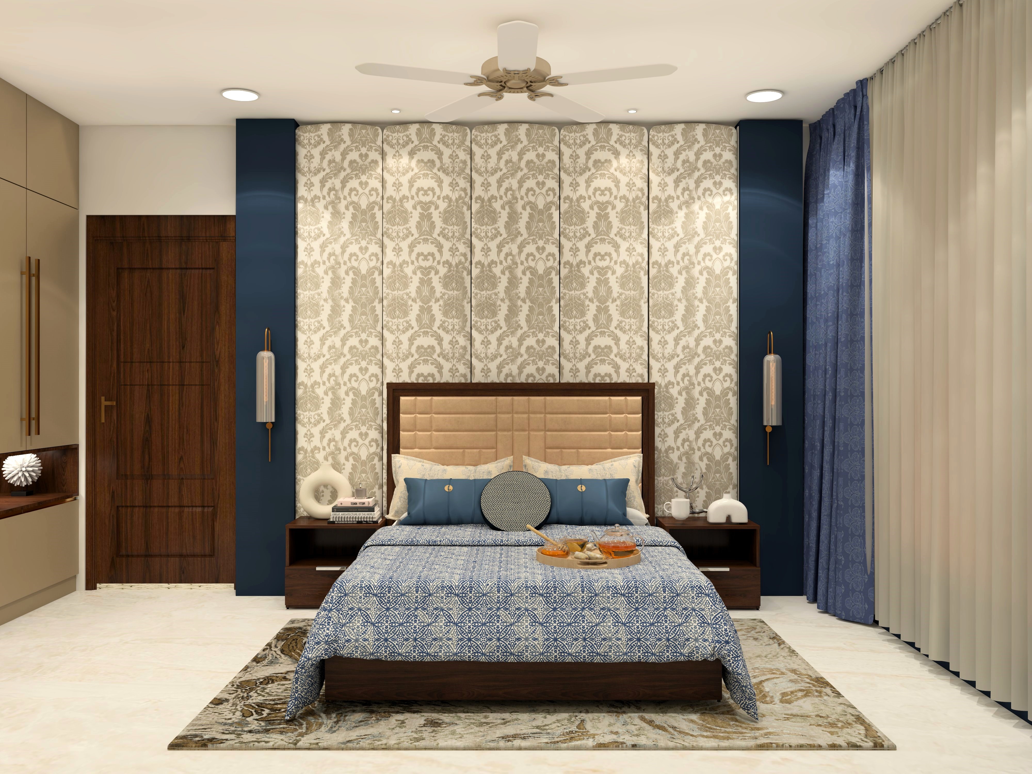 Traditional bedroom design with printed headboard and blue bedding-Beautiful Homes