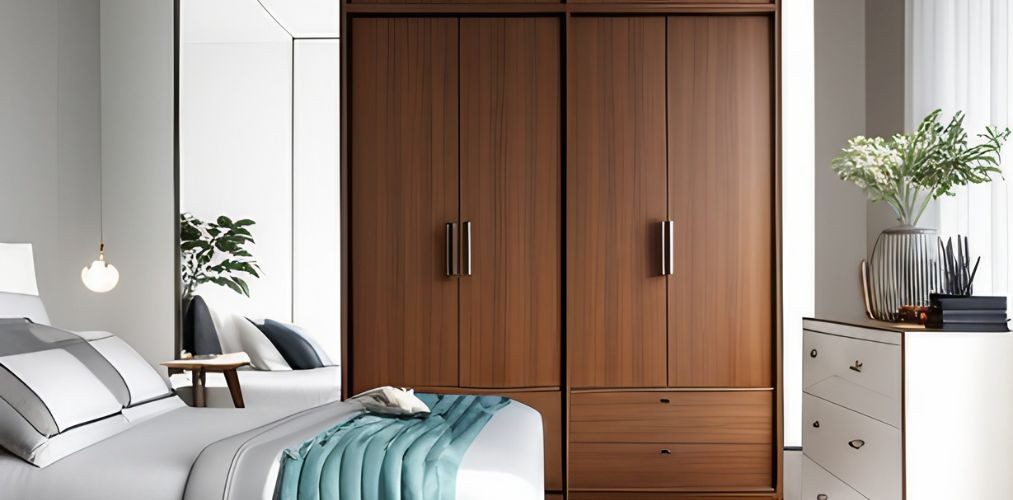 Traditional bedroom with wooden wardrobe and white dresser table-Beautiful Homes