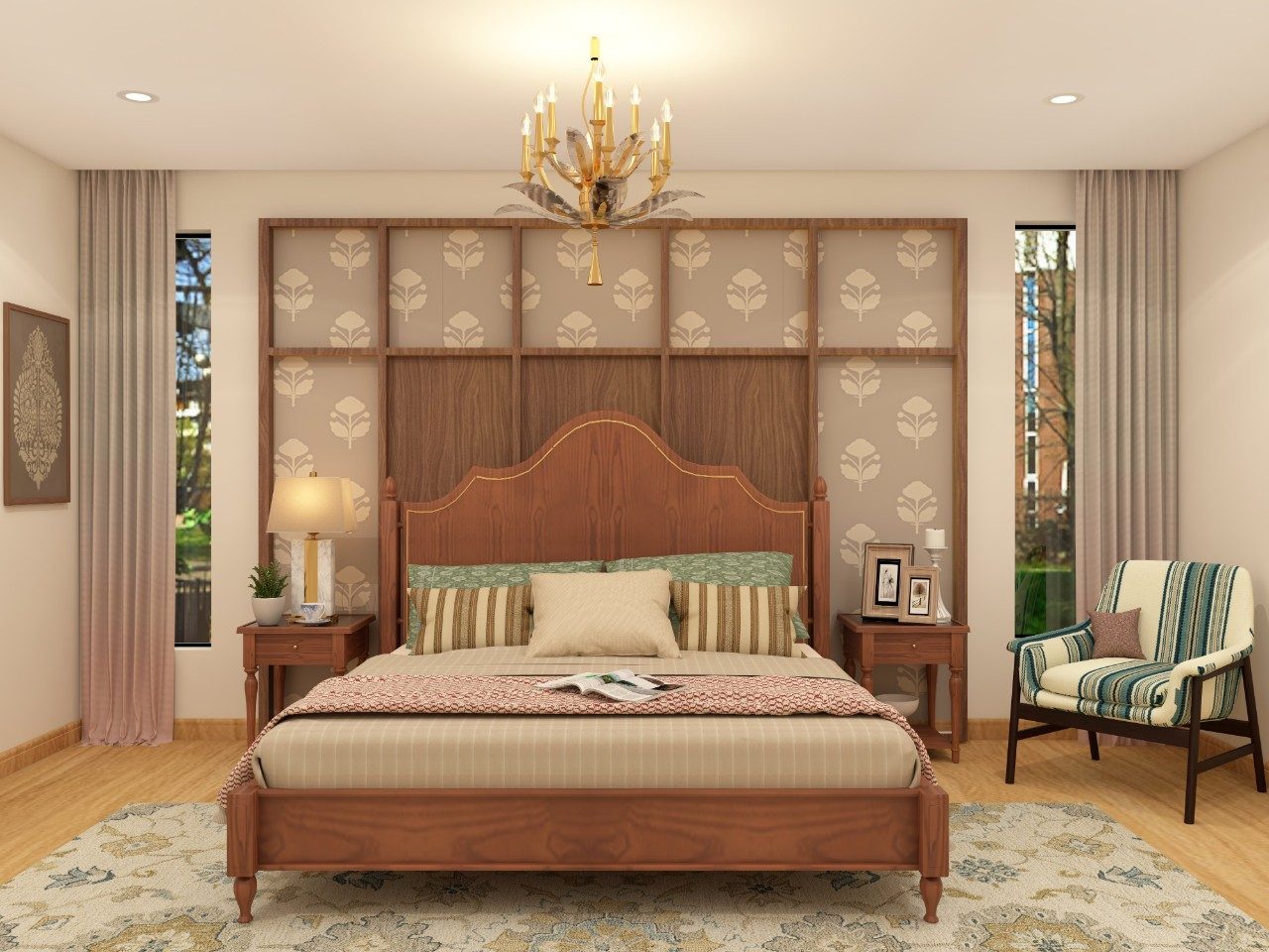 Traditional Style Bedroom Design with Nilaya Wooden Bed and Wooden Wall Panels with Wallpaper - Beautiful Homes