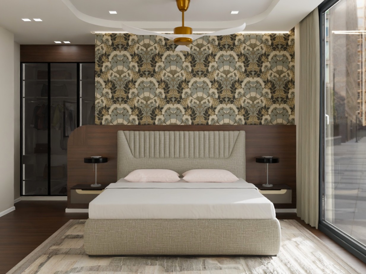 Modern bedroom with wallpaper and glass wardrobe - Beautiful Homes