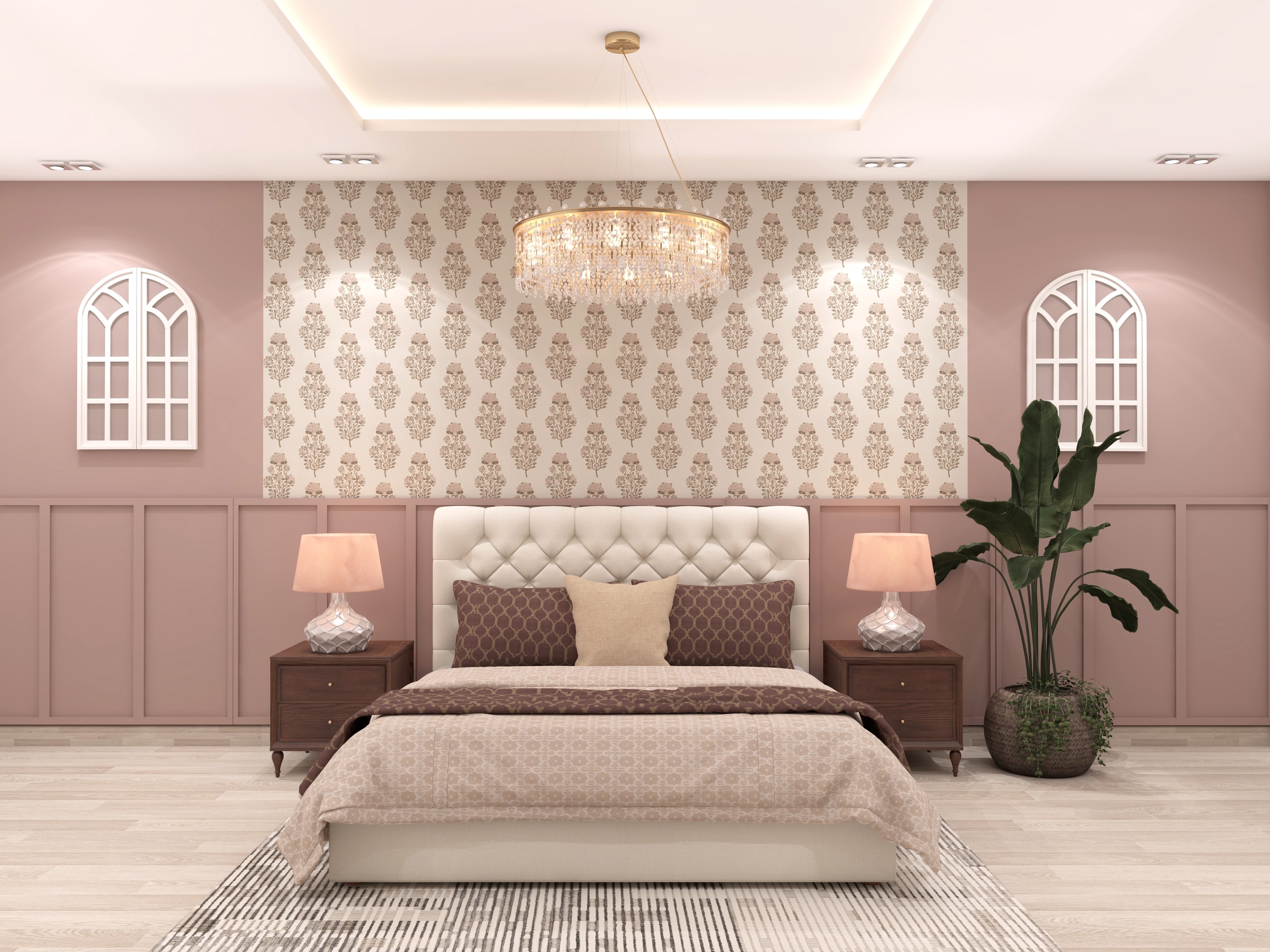 Modern bedroom with chandelier and pink accents - Beautiful Homes
