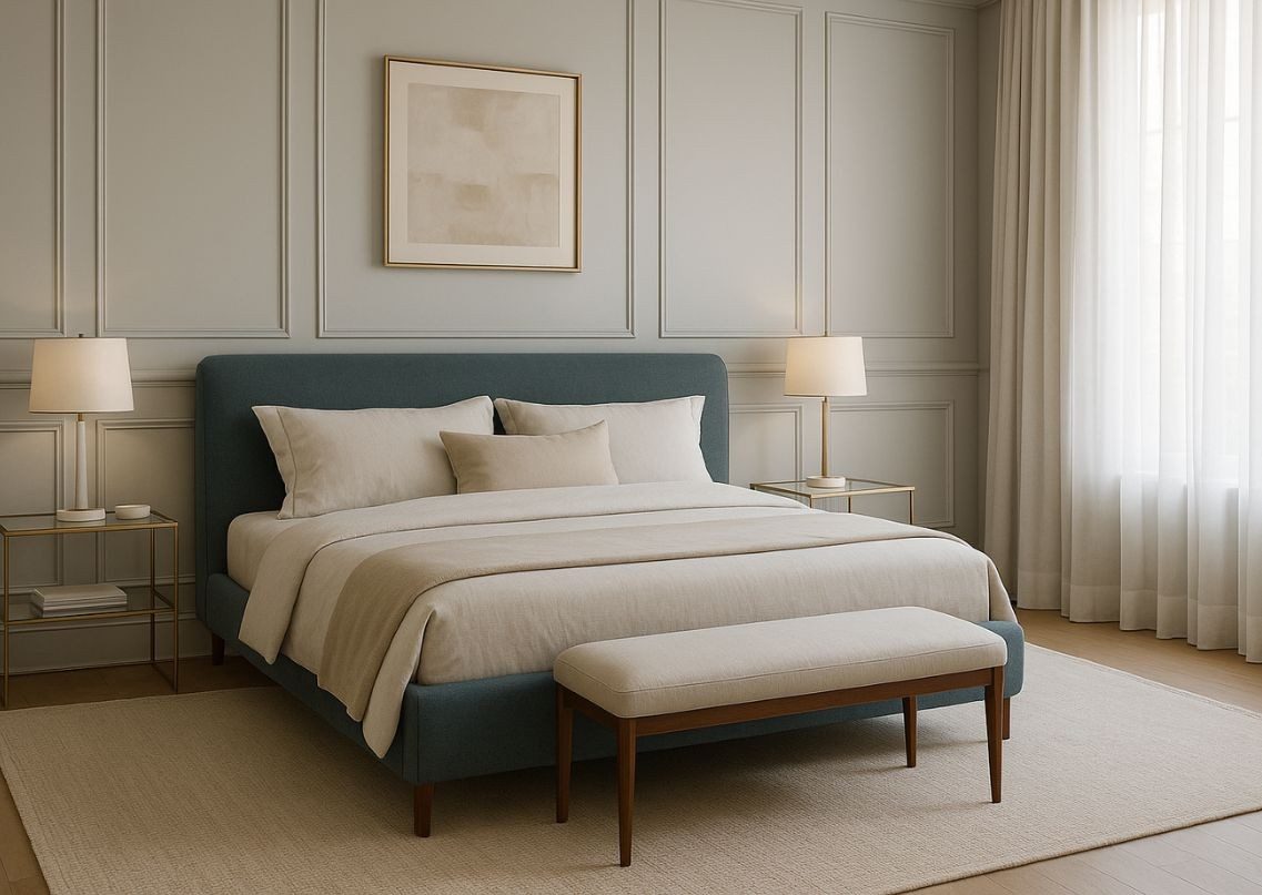 Modern bedroom with teal bed and beige décor - Beautiful Homes